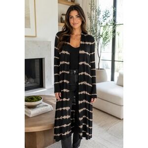 LAmade Womens Tie Dye Stripe Open Front Cardigan Black Tan Soft‎ Micromodal M